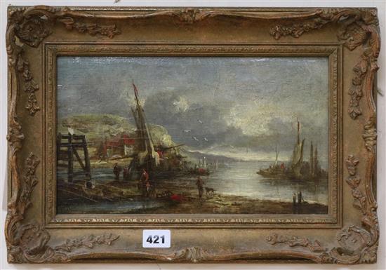 19th century English School, oil on board, Fishing boats along the coast, 18 x 31cm